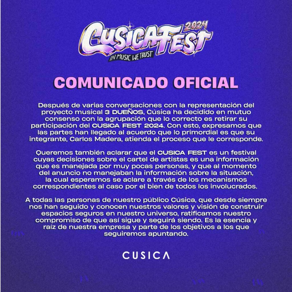 Cusica Fest 2024 anuncia el retiro de la agrupación 3 dueños