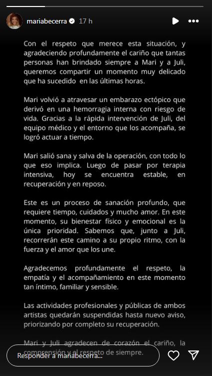 La cantante argentina estuvo en terapia intensiva y necesitó ventilación mecánica y una transfusión sanguínea. Sus allegados aseguraron que ya está "estable y en reposo"
