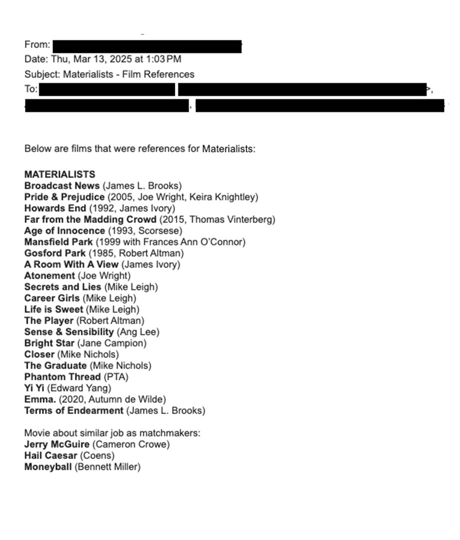 Todas las referencias cinematográficas en Materialists de A24