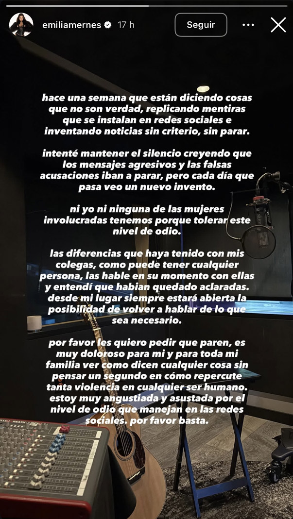 Emilia se pronuncia ante el escándalo con Tini y María Becerra